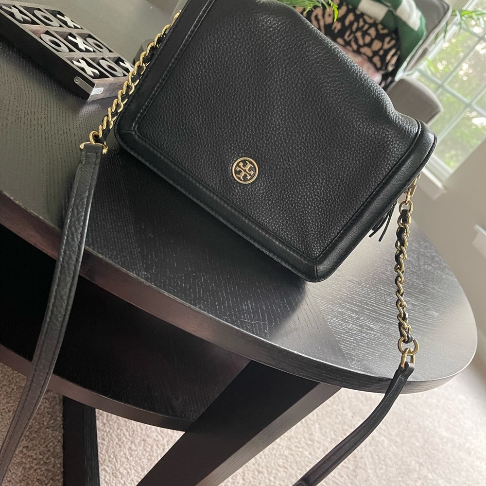 Tory Burch Black and Gold Crossbody Bag with Chain Strap